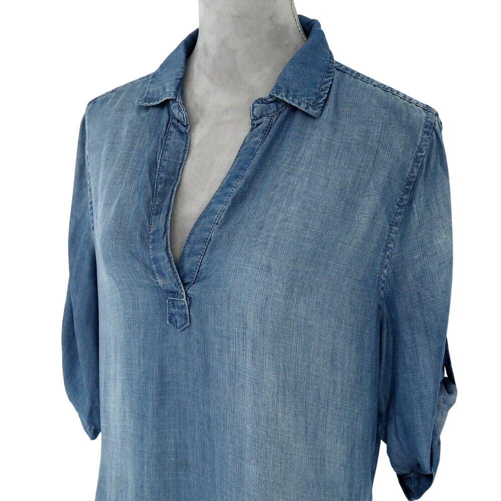 Philosophy Dress Womens Large Blue Chambray Roll Tab Sleeves Coastal Western - Picture 8 of 13